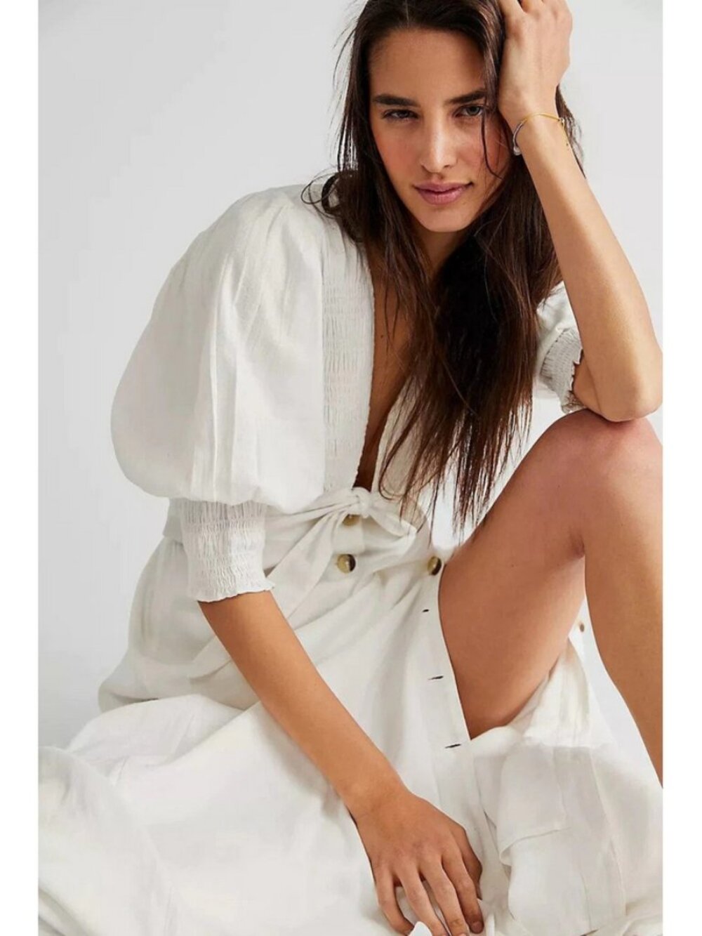 Free People String Of Hearts Maxi Dress Smocked Puff Sleeve Buttondown M